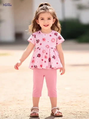 Little Maven Girls Insect & Floral Cotton Tee & Capri Set