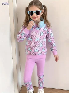 Little Maven Girls Rabbit Print Cotton Sweatshirt & Pants Set