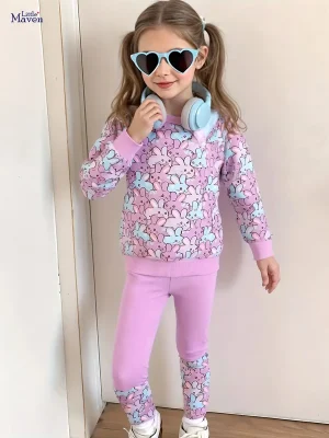 Little Maven Girls Rabbit Print Cotton Sweatshirt & Pants Set