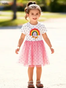 Little Maven Girls Rainbow Applique Polka Dot Mesh Dress