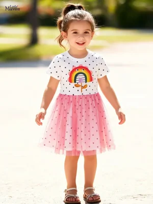 Little Maven Girls Rainbow Applique Polka Dot Mesh Dress