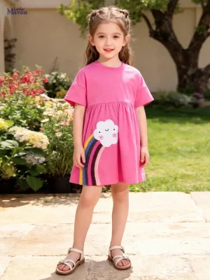 Little Maven Girls Rainbow Floral Appliqué Cotton Dress