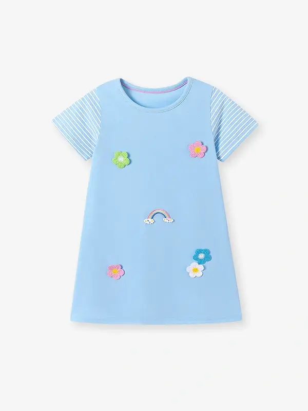 Little Maven Girls Rainbow Floral Appliqué Cotton Striped Short-Sleeved Dress 2 Little Maven Girls Rainbow Floral Appliqué Cotton Striped Short-Sleeved Dress - Image 2