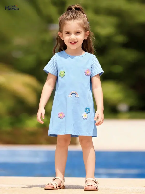 Little Maven Girls Rainbow Floral Appliqué Cotton Striped Short-Sleeved Dress 1 Little Maven Girls Rainbow Floral Striped Cotton Dress