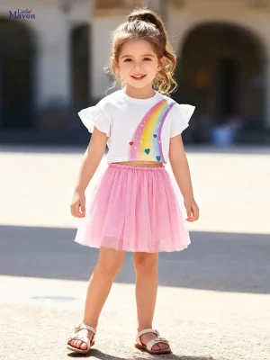 Little Maven Girls Rainbow Cotton Top & Mesh Skirt Set
