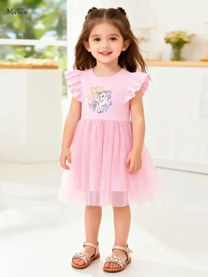 Girls Unicorn Sequin Cotton Dress with Ruffle Sleeves | Little Maven
