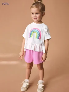 Little Maven Girls Sequin Rainbow Cotton T-Shirt & Shorts Set