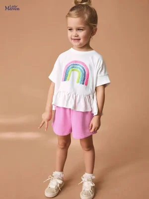 Little Maven Girls Sequin Rainbow Cotton T-Shirt & Shorts Set