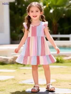 Little Maven Girls Striped Short-Sleeve Dress with Bow