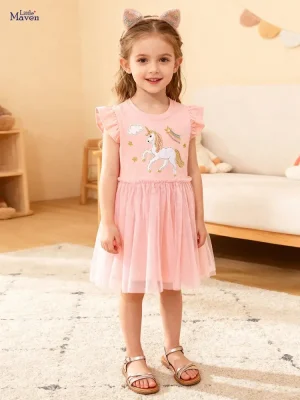 Little Maven Girls Unicorn Cotton Dress with Ruffle Sleeves