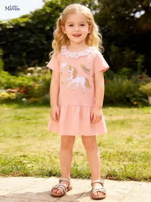 Little Maven Girls Cotton Unicorn Appliqué Dress with Lace Collar
