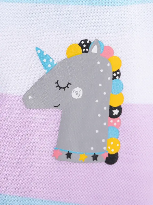 Little Maven Girls Unicorn Applique Cotton Striped Short-Sleeved Dress 3 Little Maven Girls Unicorn Applique Cotton Striped Short-Sleeved Dress - Image 3