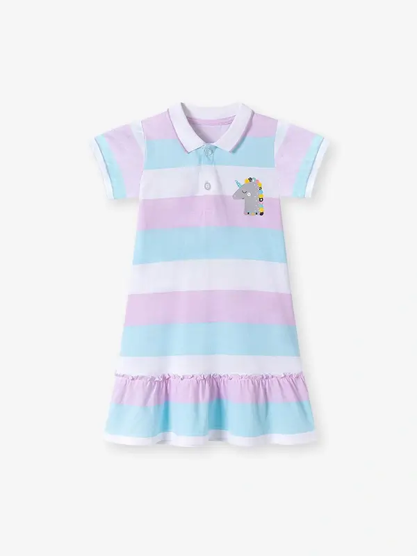 Little Maven Girls Unicorn Applique Cotton Striped Short-Sleeved Dress 2 Little Maven Girls Unicorn Applique Cotton Striped Short-Sleeved Dress - Image 2