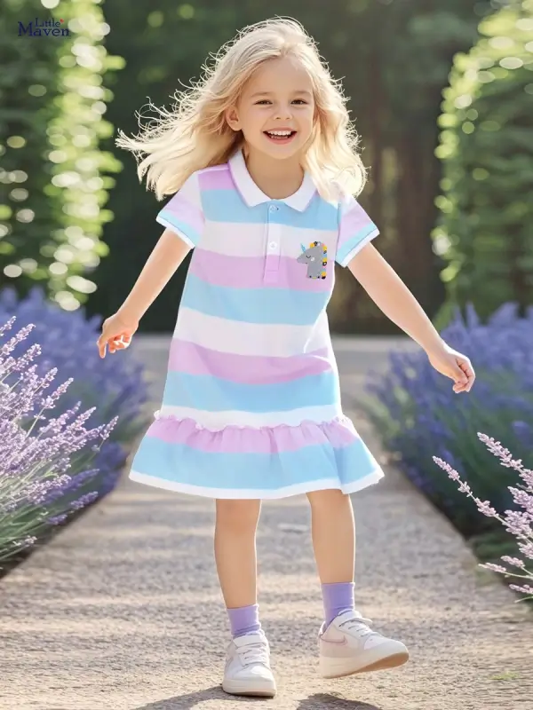Little Maven Girls Unicorn Applique Cotton Striped Short-Sleeved Dress 1 Little Maven Girls Unicorn Striped Cotton Dress | Premium Quality