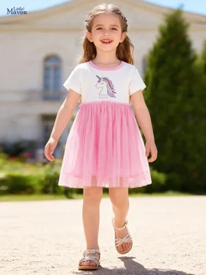 Little Maven Girls Unicorn Cotton Mesh Short Sleeve Dress