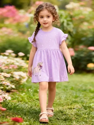 Little Maven Girls Unicorn Cotton Polka Dot Dress