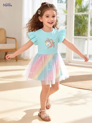Little Maven Girls Unicorn Mesh Dress | Soft Cotton & Tulle