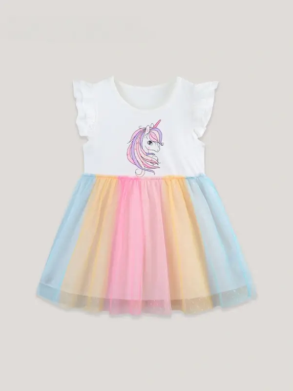 Little Maven Girls Unicorn Print Cotton Dress with Flutter Sleeves and Mesh Skirt 2 Little Maven Girls Unicorn Print Cotton Dress with Flutter Sleeves and Mesh Skirt - Image 2