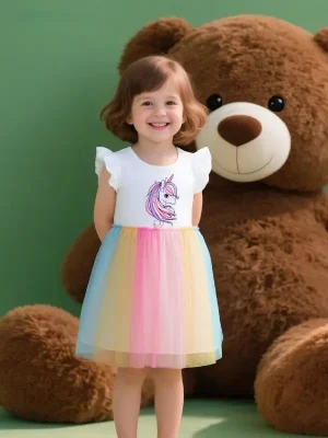 Little Maven Girls Unicorn Dress | Flutter Sleeve & Mesh Skirt