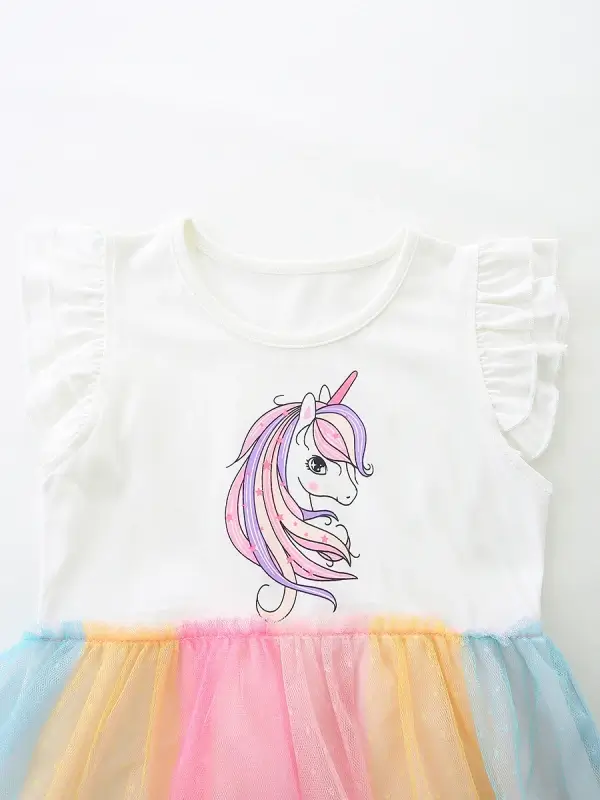 Little Maven Girls Unicorn Print Cotton Dress with Flutter Sleeves and Mesh Skirt 5 Little Maven Girls Unicorn Print Cotton Dress with Flutter Sleeves and Mesh Skirt - Image 5