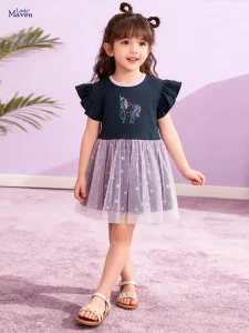 Little Maven Girls Unicorn Cotton Dress with Ruffle Sleeves