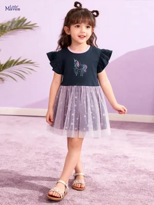 Little Maven Girls Unicorn Cotton Dress with Ruffle Sleeves