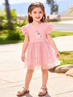 Little Maven Girls Unicorn Dress – Cotton Mesh Ruffle Sleeve