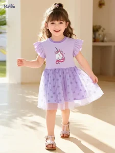 Little Maven Girls Unicorn Cotton Polka Dot Mesh Dress