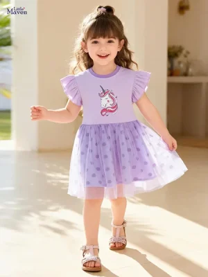 Little Maven Girls Unicorn Cotton Polka Dot Mesh Dress