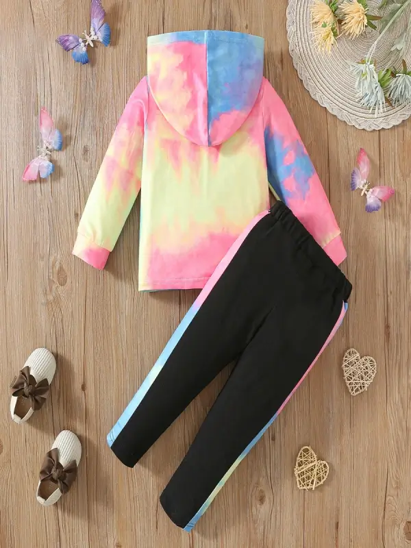 Little Maven Valentine's Day Hooded Set for Girls-Heart-print Tie-dye Hoodie and Black Leggings 2 Little Maven Valentine's Day Hooded Set for Girls-Heart-print Tie-dye Hoodie and Black Leggings - Image 2