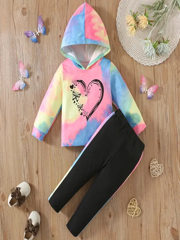 Little Maven Valentine's Day Hooded Set for Girls-Heart-print Tie-dye Hoodie and Black Leggings 1 Little Maven Girls Valentine Hoodie & Leggings Set