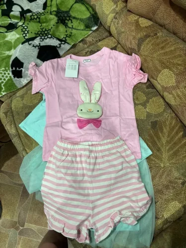 Little Maven Kid Girls 3D Bunny Print Cotton Short-Sleeved Tee & Striped Shorts Set photo review
