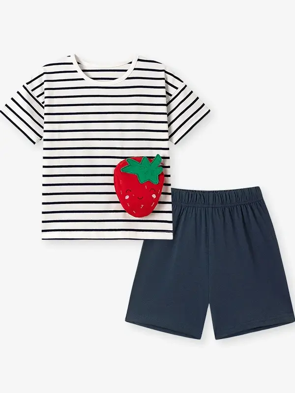 Little Maven Girls 3D Strawberry Cotton Striped Short-Sleeve T-Shirt and Shorts Set 2 Little Maven Girls 3D Strawberry Cotton Striped Short-Sleeve T-Shirt and Shorts Set - Image 2