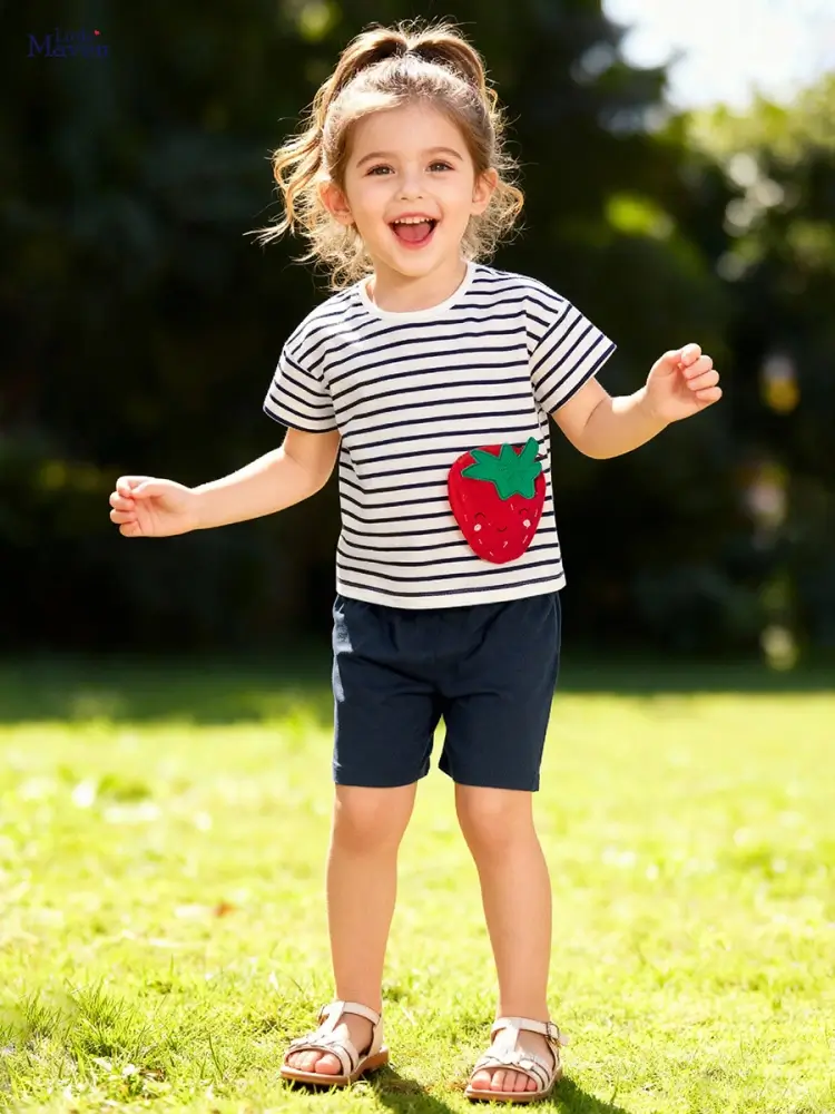 Little Maven Girls 3D Strawberry Cotton Striped Short-Sleeve T-Shirt and Shorts Set 1 Little Maven 3D Strawberry Cotton Striped Tee & Shorts Set
