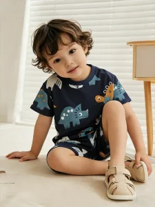 Little Maven Boys Dinosaur Print Cotton T-Shirt & Shorts Set