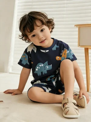 Little Maven Boys Dinosaur Print Cotton T-Shirt & Shorts Set