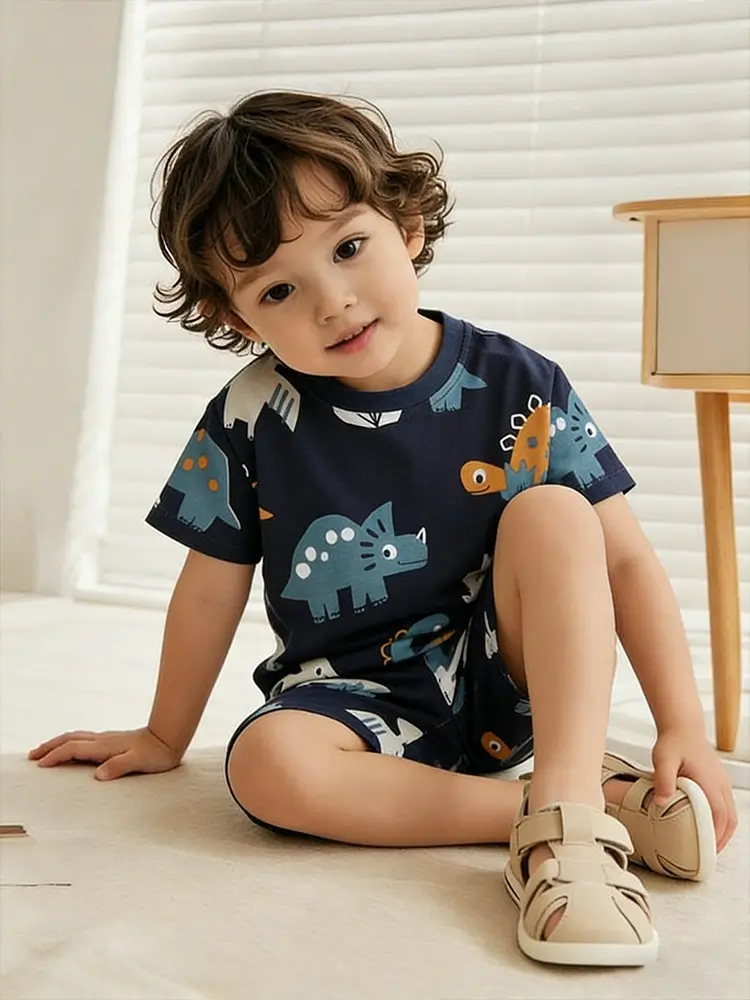 Little Maven Boys 2pcs Dinosaur Print Cotton Short-Sleeve T-Shirt and Shorts Set 1 Little Maven Boys Dinosaur Print Cotton T-Shirt & Shorts Set