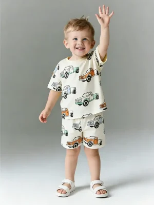 Little Maven Boys Cotton Car Print T-Shirt & Shorts Set