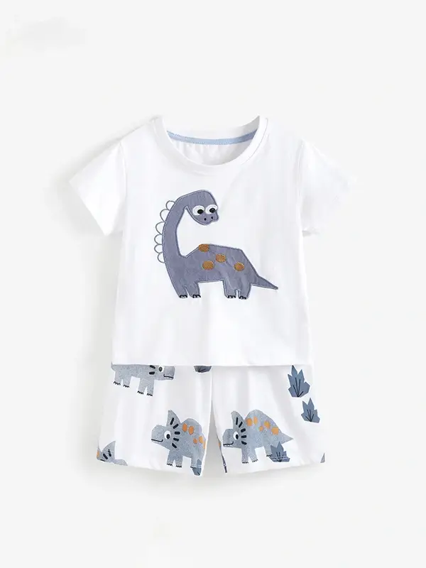 Little Maven Boys Dinosaur Appliqué Cotton Short-Sleeve T-Shirt and Shorts Set 2 Little Maven Boys Dinosaur Appliqué Cotton Short-Sleeve T-Shirt and Shorts Set - Image 2