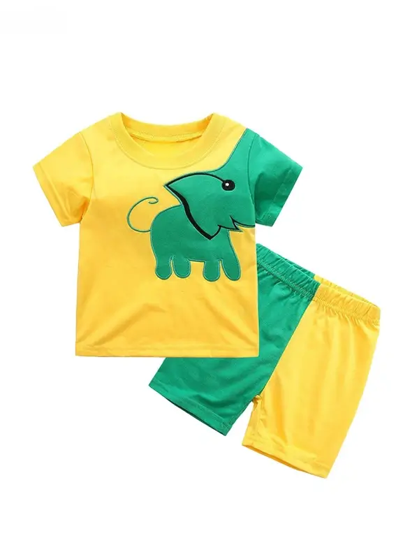 Little Maven Boys Elephant Appliqué Cotton Short-sleeved T-shirt and Color-block Shorts Set 2 Little Maven Boys Elephant Appliqué Cotton Short-sleeved T-shirt and Color-block Shorts Set - Image 2
