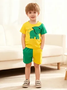 Little Maven Boys Elephant Appliqué Cotton Outfit Set