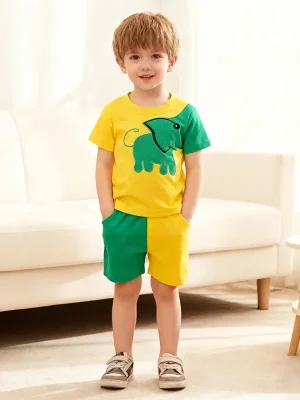 Little Maven Boys Elephant Appliqué Cotton Outfit Set