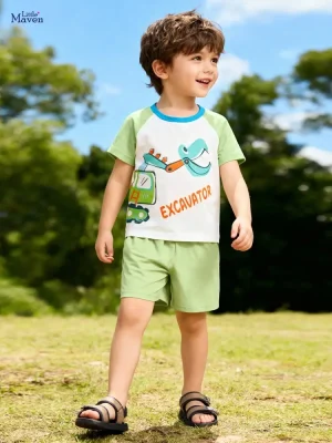 Little Maven Boys Excavator Cotton Tee & Shorts Set