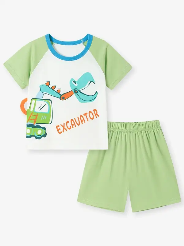 Little Maven Boys Excavator Pattern Cotton Color-Blocked Short-Sleeve Tee and Shorts Set 2 Little Maven Boys Excavator Pattern Cotton Color-Blocked Short-Sleeve Tee and Shorts Set - Image 2