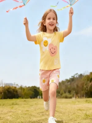 Little Maven Girls Sunflower Smiley Cotton T-Shirt & Shorts