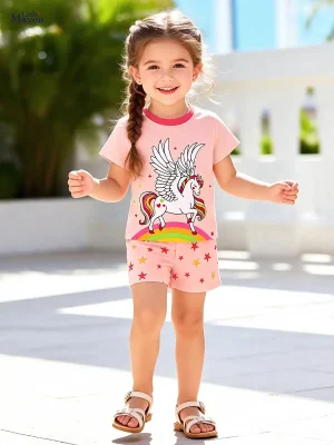 Little Maven Girls Unicorn Cotton T-Shirt & Shorts Set