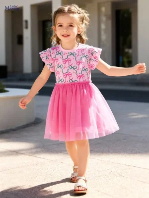 Little Maven Girls Bow Mesh Dress - Soft Cotton Party Wear