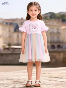 Little Maven Girls Bunny Print Cotton Mesh Dress with Bow
