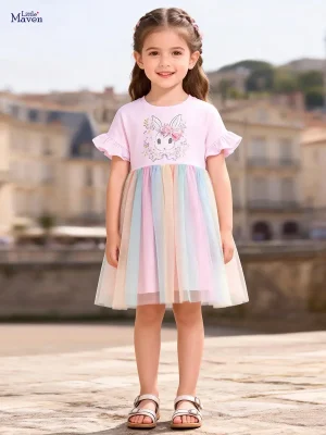 Little Maven Girls Bunny Print Cotton Mesh Dress with Bow