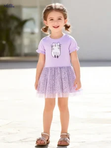 Little Maven Girls Cat & Floral Cotton Mesh Dress | Soft Tulle